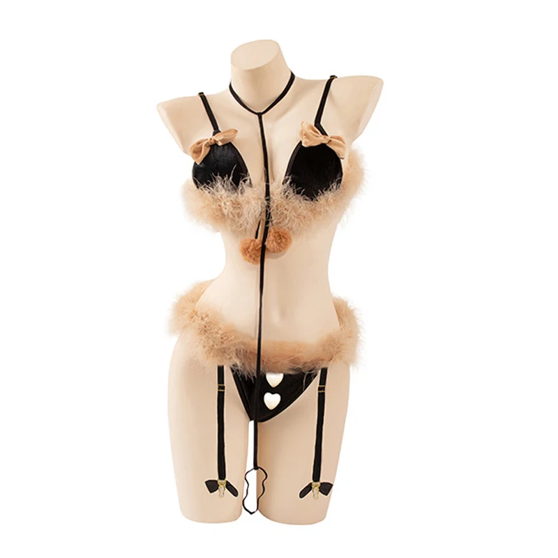 Cute Elk Xmas Cosplay Costumes Bow-knot Fuzzy Bra with Hairball Panties Undearwear Lolita Bikini Lingerie Uniform Sexy Lingerie