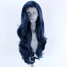 RONGDUOYI, средняя часть, темно-синий, жаропрочные волокна волос, синтетические волосы на кружеве, парик, длинные волнистые, бесклеевые передние парики для женщин