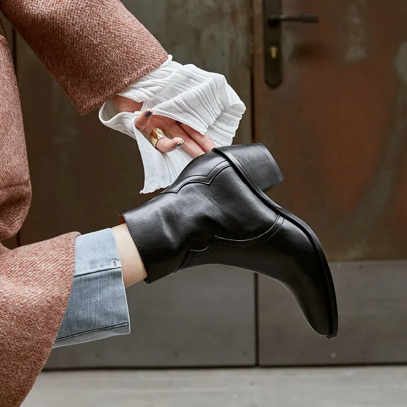 

2019 ankle boots New Fashion Women Boots Round Head Thick High Heels Genuine Leather Martin Boots Black Motorcycle Boots