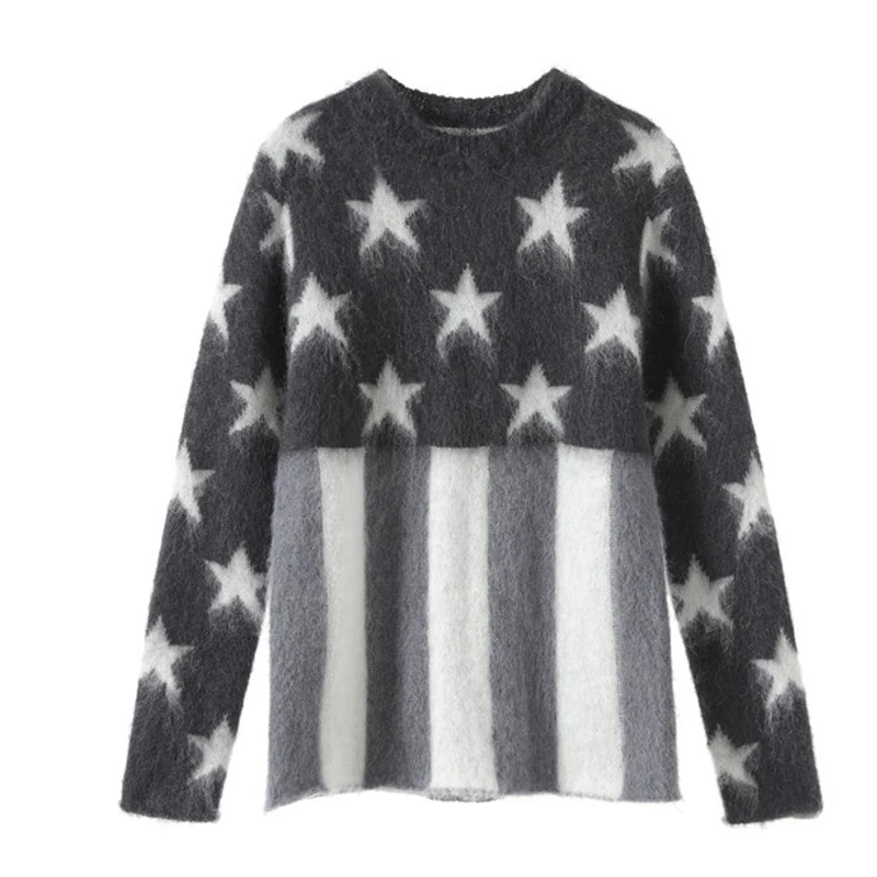 

2019 Fall Arrival Mohair Woman Sweaters O-Neck Long Sleeve Striped Star Patchwork Knitted Thick Tops