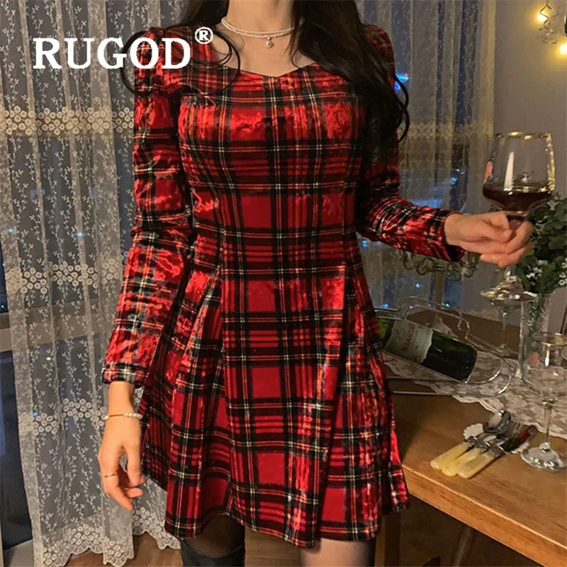 RUGOD рождественское платье для женщин красное бархатное мини клетчатый узор