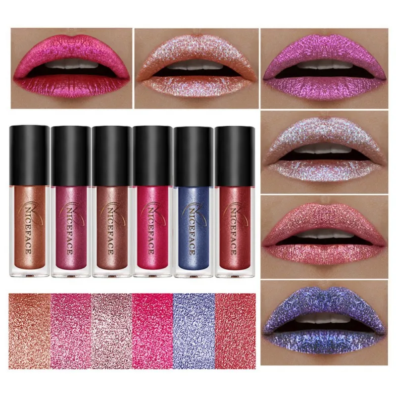 6 Colors Glitter Lip Gloss Long Lasting Waterproof Metallic Lipgloss Lips Beauty Makeup Cosmetics