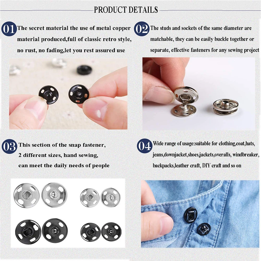 100/50PCS 프레스 버튼 스냅 버튼에 바느질 금속 스냅 패스너 버튼 DIY 의류 봉제 의류 8/10MM 용 프레스 버튼