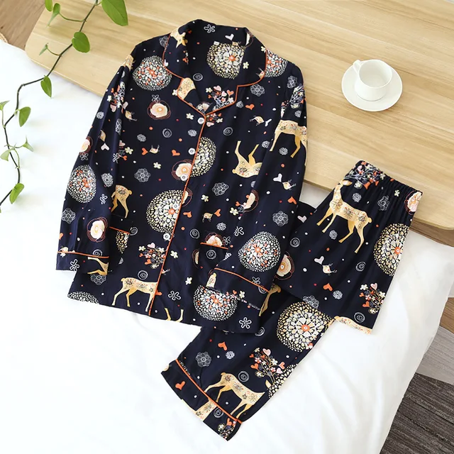 Spring / Summer New 100% viscose long-sleeved trousers ladies pajamas suit 3XL plus size long Sleepwear women's home Nightwear Sika deer