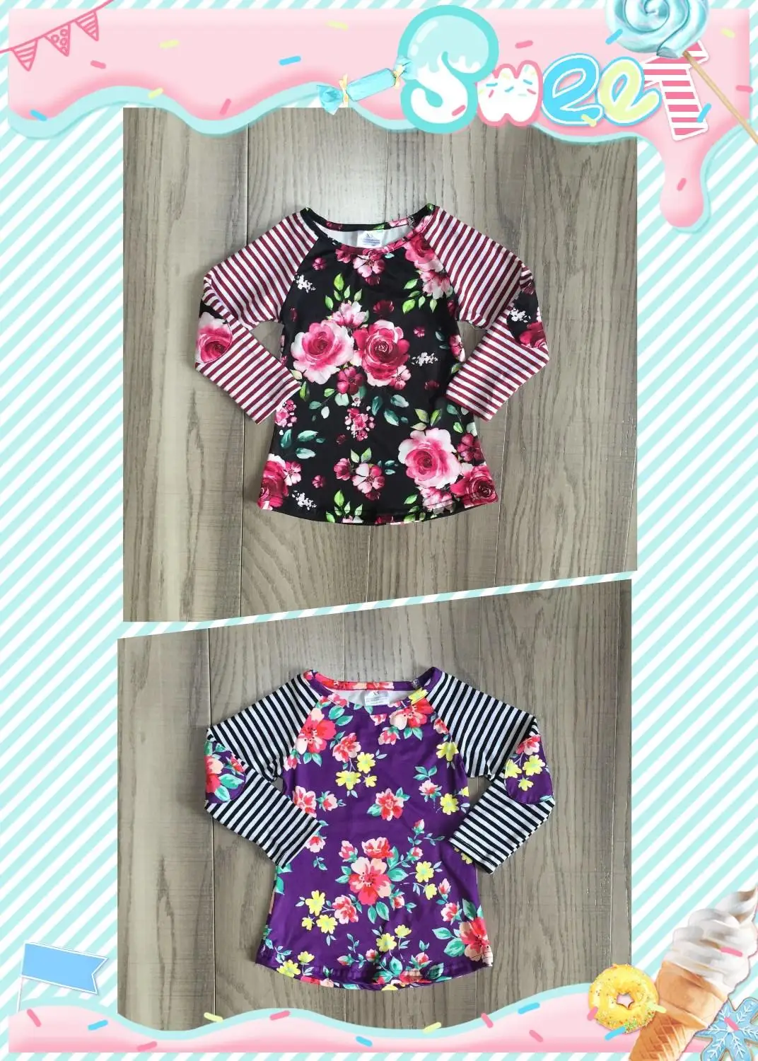 Детская одежда для девочек; сезон осень-зима; Классический хлопковый топ для девочек с цветочным принтом и рукавами в полоску
