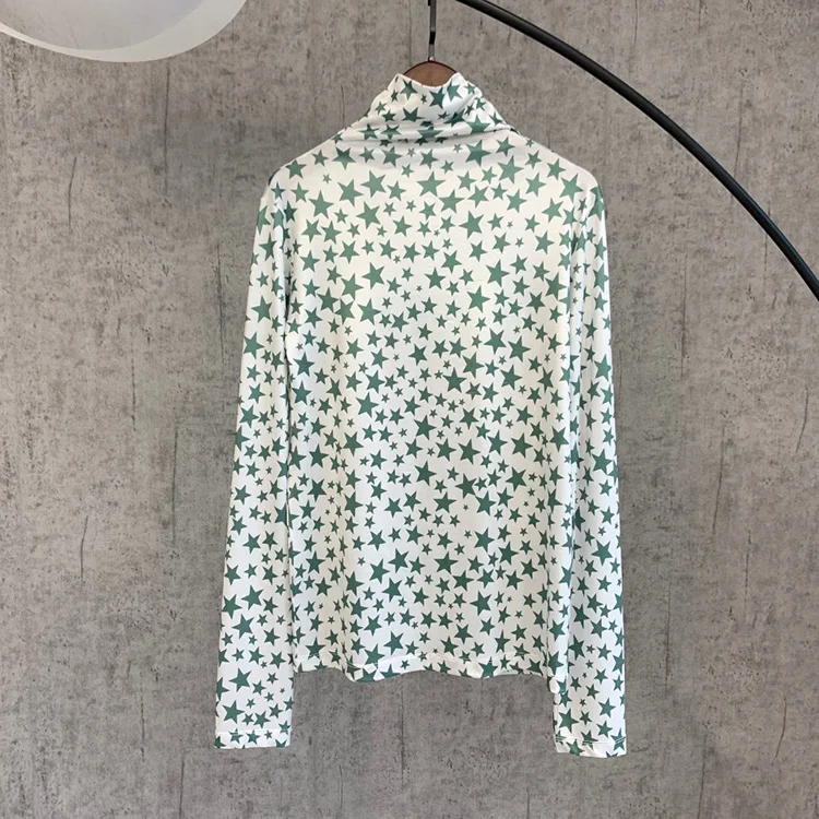 

Brand Fashion Women's High-end Luxury Autumn Stars Print long-sleeved high-necked wild slinky T-shirt Top