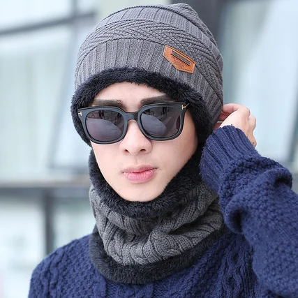 Grey set Шеи теплые, вязаные шапки и шарфа комплект мех; подклад из шерсти толстые теплые вязаные шапочки, Балаклава зимние шляпы для мужчин и женщин, мужский Простый кожаный женская шапка черепки капота - Цвет: Grey set