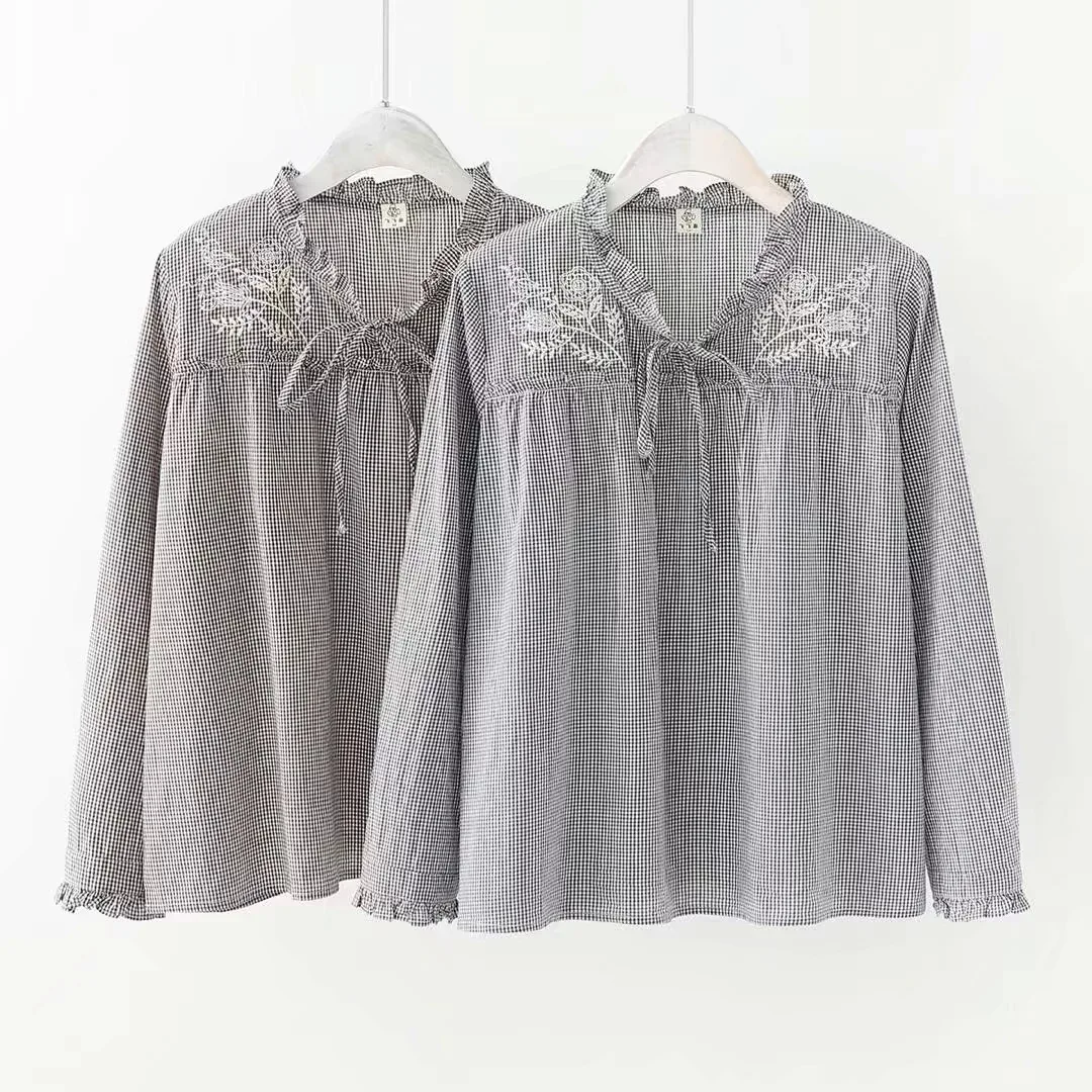 

2018 Autumn New Style Retro Artistic Thousands of Birds Flower Embroidered with Drawstring Long-sleeved Shirt Blouses Fashion