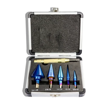 

6Pcs 1/8inch-1-3/8inch Blue Coated Step Drill Bit with Center Punch Set Hole Cutter Drilling Tool Step Drill Bit Set Triple-corn