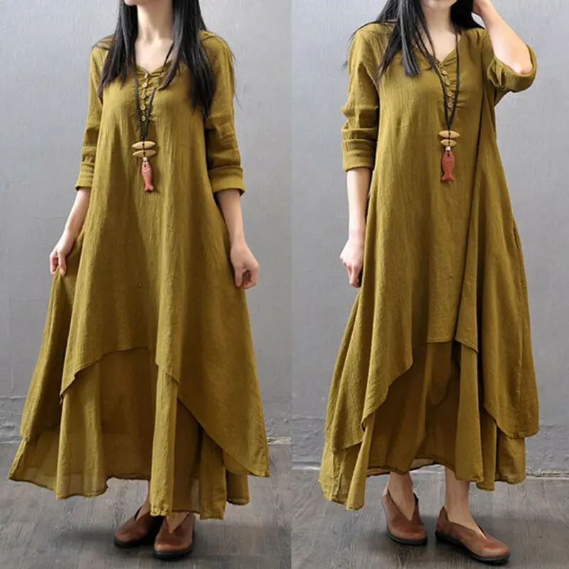 Весна Boho женское V Nekc крестьянское этническое хлопковое льняное Повседневное платье макси с длинными рукавами на пуговицах Несимметричное длинное платье хит