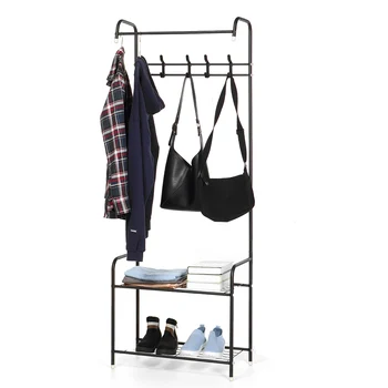

Coat Rack Shoe Bench Industrial Hall Tree Entryway Storage Shelf Stand Hooks Furniture Metal Frame Easy Assembly Racks Black