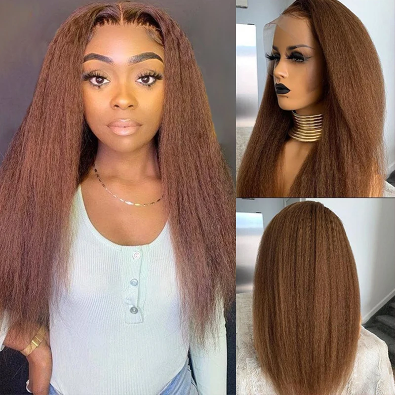 

Brown Color Human Hair Wigs Kinky Straight Brazilian Remy Human Hair Lace Front Wig Pre Plucked Bleached Knots #4 Closure Wigs