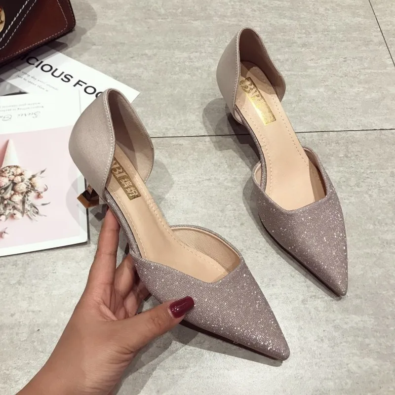 

zapatos mujer new Fashion Pumps For Lady Office Concise shallow mouth pointed toe side hollow sequins high heels K16-24