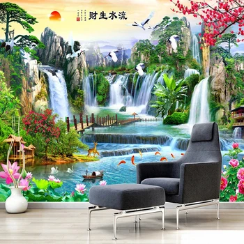 

Jointless 3D Custom Mural Wallpaper Chinese Style Landscrape and Waterfall Living Room Bedroom Background Silk Cloth Wall Paper