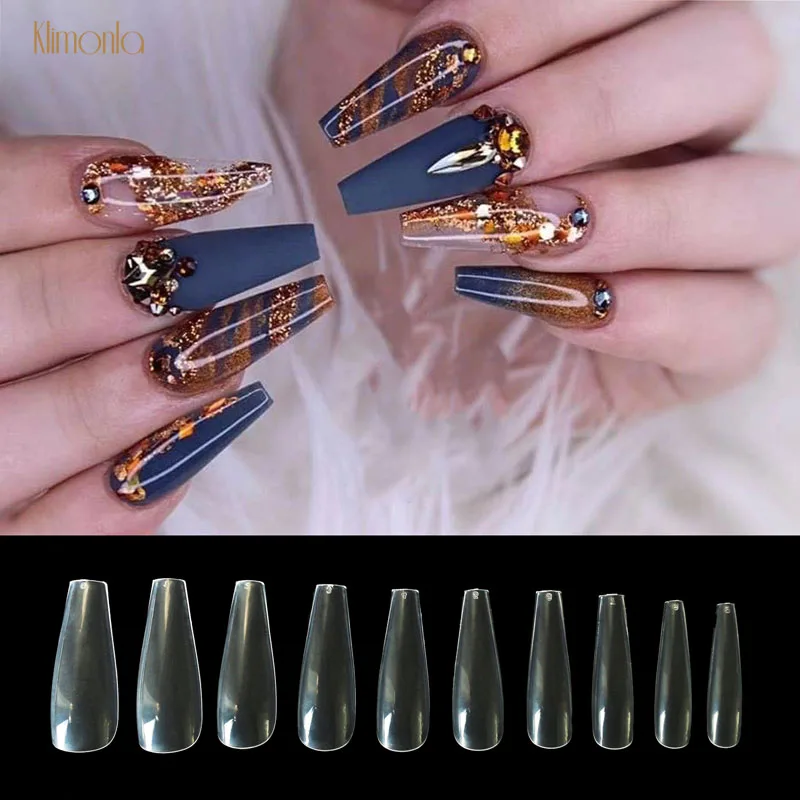 

500pcs 10 Sizes Long Coffin Stiletto Nails Transparent Full Cover False Nail Tips ABS Ballet Fake Nails New Design