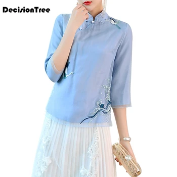 

2020 women embroidered top pink retro qipao loose blouse chinese cheongsam top female chiffon cheongsam shirt tang suits tops
