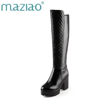 

MAZIAO Winter Women Fur Snow Boots Sexy Square High Heel PU Leather Knee High Boots Casual Platform Punk Shoes Woman Black White