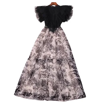 

Women's Fashion 2020 Spring New Round Neck Short Sleeve Lace Ink Painting Printed Big Hemline Dress Elegant S-xl