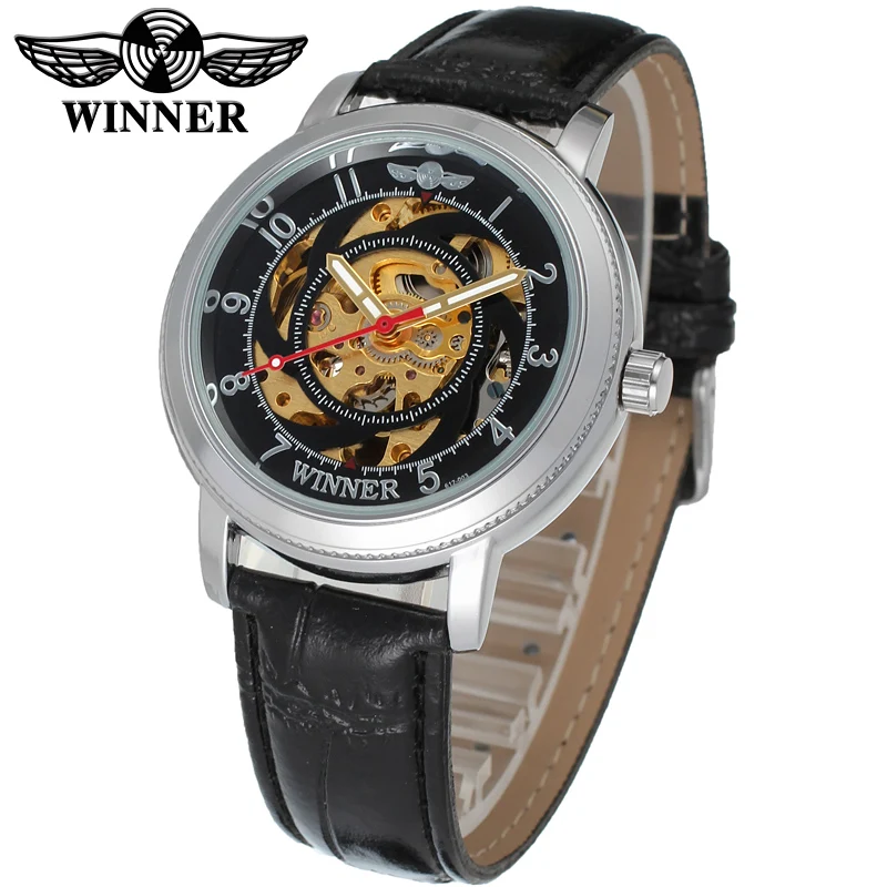 

Fashion WINNER Men Luxury Brand Casual Skeleton Leather Band Watch Automatic Mechanical Wristwatch Gift Box Relogio Releges