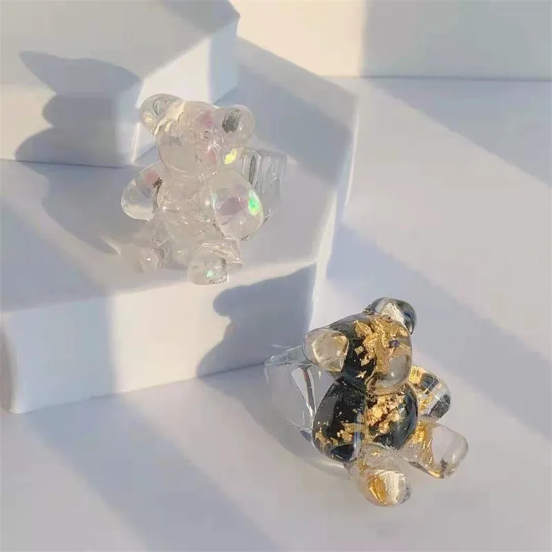 Cartoon Cute Gold Color Foil Transparent Bear Resin Rings Geometric Acrylic Square Ring For Women Girls Party Jewelry Gift gold color rings gold color ring finger ring animal ring