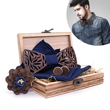 

New Design 100% Wooden Hollow Wood Bow Ties Bowtie with Pocket Square Cufflinks Brooch for Men Christmas Gift Set with Box Ties