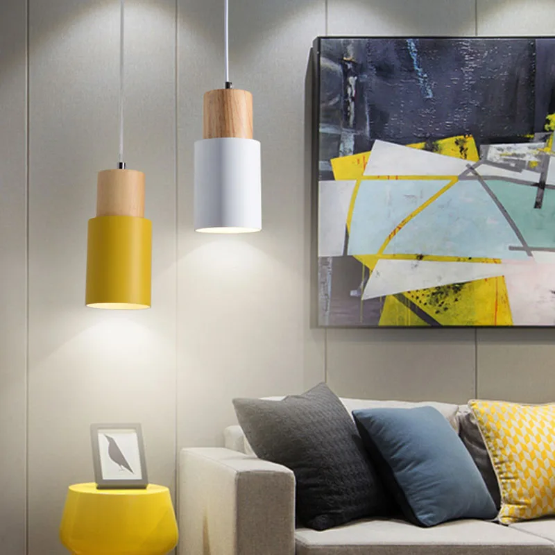 Nordic simple Wood Pendant Lights led hang lamp Colorful Aluminum fixture Kitchen Island bar hotel home decor E27 pendant light | Лампы и