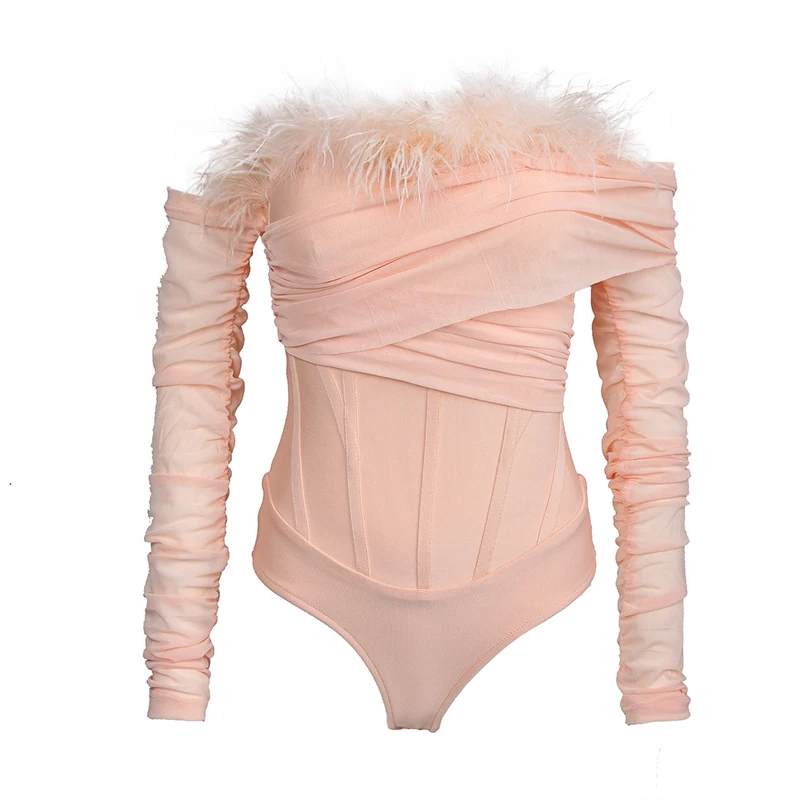 Women Sexy Pink Feather Off Shoulder Long Sleeve Bandage Bodysuits Winter 2021 New Women's Club Party Skinny Rompers Bodysuits crotchless bodysuit Bodysuits