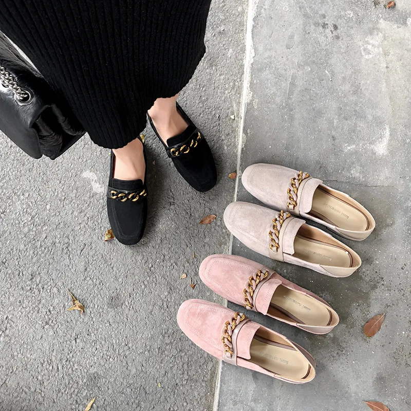 

2019 Spring New Style Versitile Fashion Moccosins plus Velvet Women's Chunky-Heel Shoes Chain Small Leather Shoes Semi-high Heel
