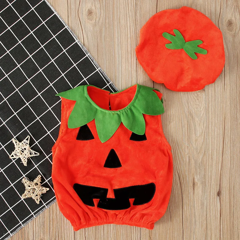 Halloween Baby Kids Pumpkin Fancy Sleeveless Dress with Hat Cosplay Costume Party Clothes for Boy Girl OCT998