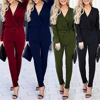 

Fashionable casual European and American women's clothes sexy autumn winter V-neck lace up pocket long sleeve women's Jumpsuit