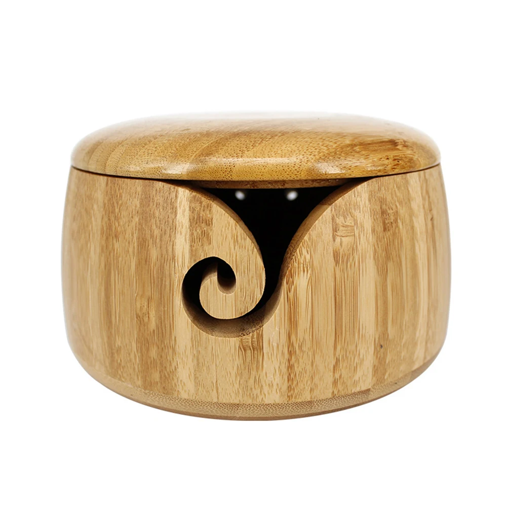 

Yarn Bowl Non Slip Needlework Smooth With Lid Home Organizer Holder Holes Knitting Tool Crochet Swirl Wooden Storage