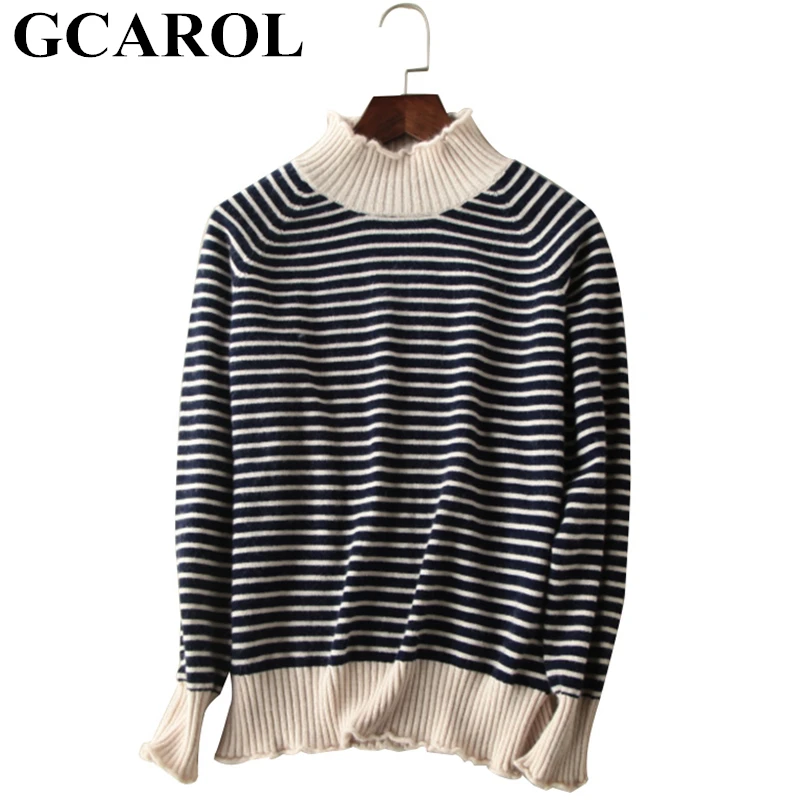 

GCAROL Fall Winter Women 30% Wool Stripes Sweater Thread Collar Two-Tone Color Knitted Pullover Stretch Warm Knit Jumper S-3XL