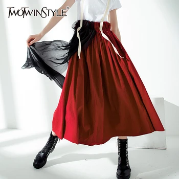 

TWOTWINSTYLE Patchwork Mesh Hit Color Women Skirts High Waist Asymmetrical Ruffles Skirt For Female Fashion 2020 Clothing Tide