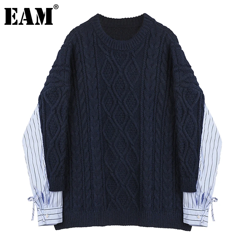 [EAM] Striped Big Size Knitting Sweater Loose Fit