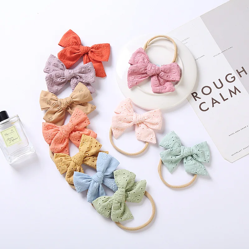 

10Pcs/Lot Embroidered Baby Bow Headband Handtied Fabric Bow Pigtail Clips Nude Soft Elastic Hair Band For Infants