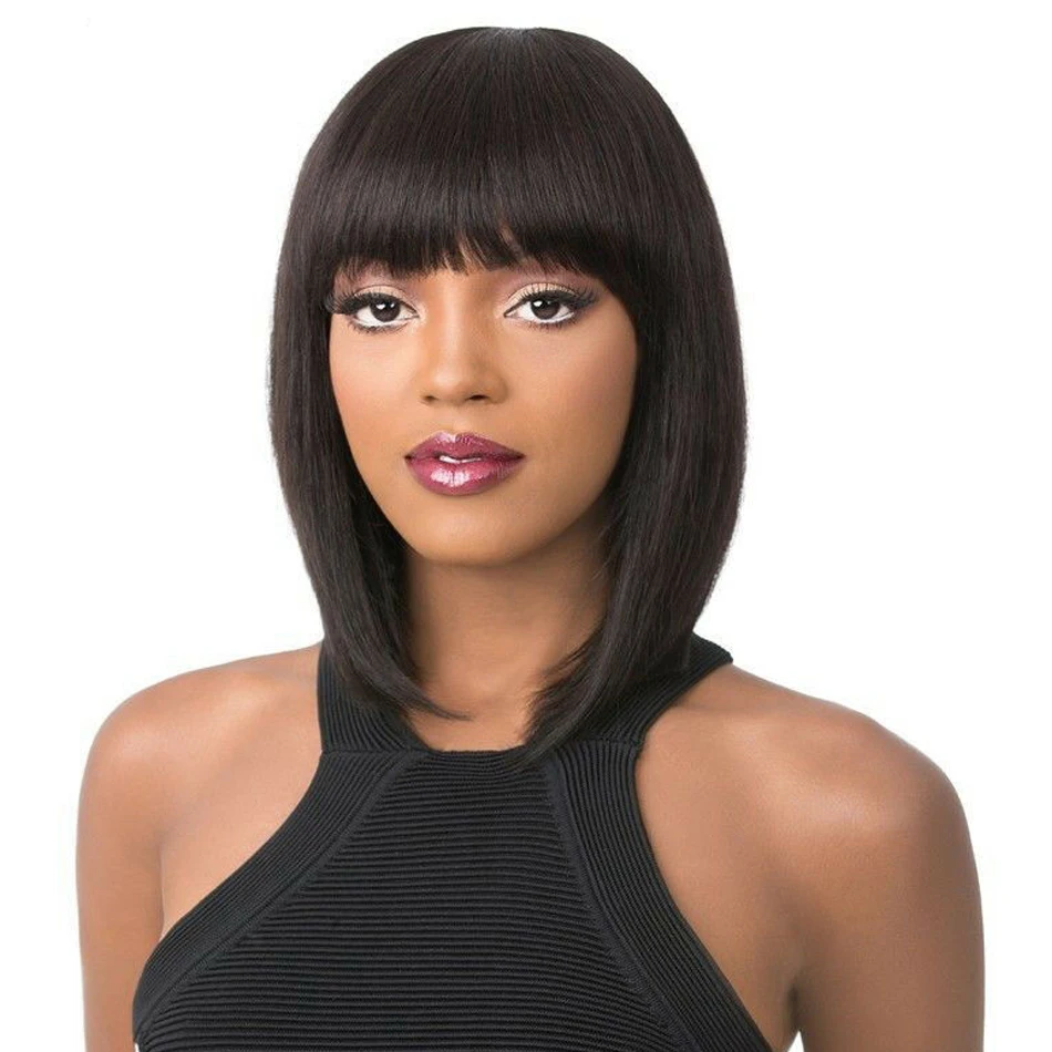 

iVogue Short Bob Human Hair Wig with Bangs 4x4 Lace Closure Wig Straight Remy Hair Lace Front Wigs Natural Black Pixie Cut Wigs