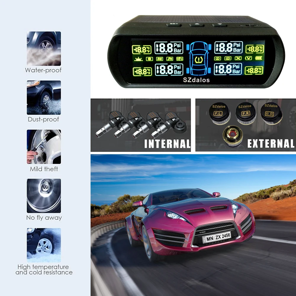 

Wireless solar power external tpms sensor 433.92 mhz digital temperature display tire pressure gauge