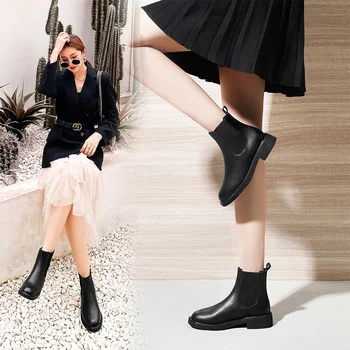 

2020 Winter Women's Boots New British Style Chelsea Short Boots Tide Ins Thick Bottom Leather Ankle Boots For Women Black 043353