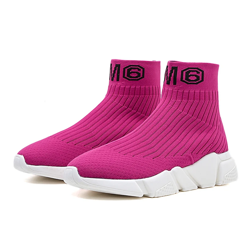 

2019 Sexy Women Ankle Knitting Sock Boots Chunky Platform Luxury Design Shoes Slip-on Stretch Cheap Sneakers Boots Peach Botas