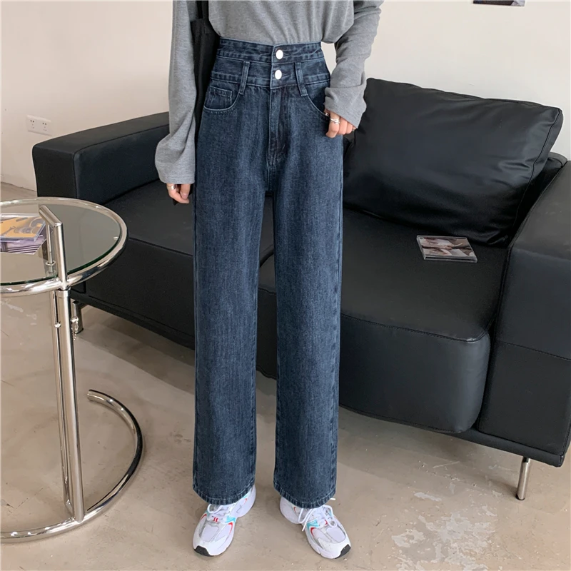 high waisted jeans Double Buckle Jeans New Wide Leg Pants High-Waisted Jeans Loudspeaker Pants Straight Leg Jeans Blue Washed Demin  Black Pants fashion clothing