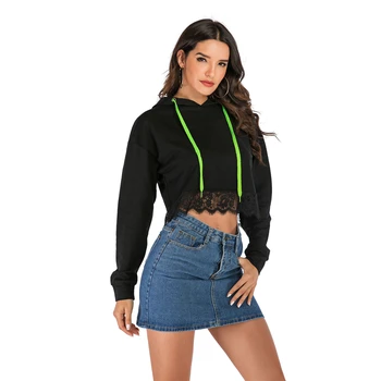 

Winter Autumn Women Hoodies Tie Collar Lace Patchwork Casual short Sweatshirt black tops drop shipping