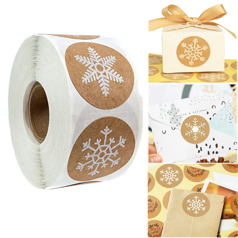 

500pcs DIY Hand Made Handmade Snowflakes Roll Stickers Christmas Cowhide Stickers Adhesive Sticker Kraft Round Labels Wholesale