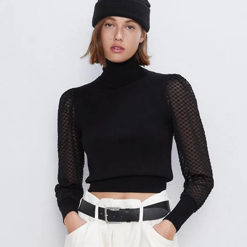 ZOEPO Patchwork Long Sleeve Sweaters Women Fashion Turtleneck Sweater Elegant Slim Translucent Female Ladies IAA | Женская одежда