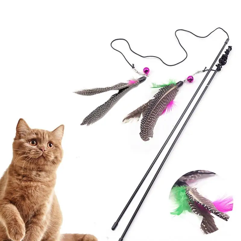 1Pc Cat Interactive Toy Stick Feather Wand With Small Bell Mouse Cage Toys Plastic Artificial Colorful