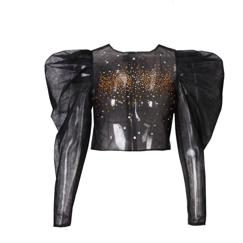 TWOTWINSTYLE Лоскутная блуза с бриллиантами для женщин О-образный вырез пышная туника с длинным рукавом рубашки с рюшами Женская мода одежда - Цвет: black