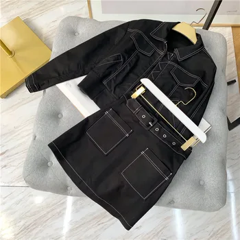 

Simple French college style design line sewing small black coat half skirt