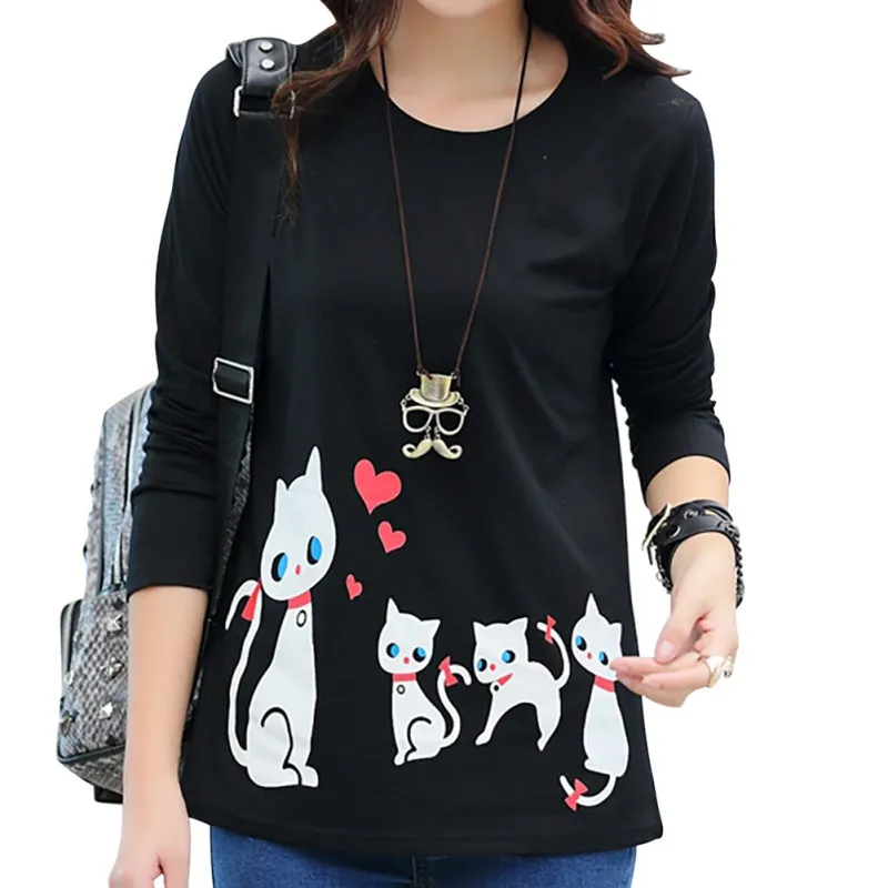 

Autumn Casual Women T Shirt Round Neck Cat Print Pullover T-Shirt Long Sleeve Basic Tops
