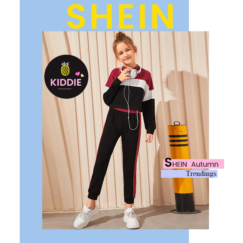 SHEIN/Детский свитер с капюшоном и цветными блоками для девочек и морские брюки; комплекты для детей; коллекция года; осенняя одежда с длинными рукавами для активного отдыха; повседневные комплекты