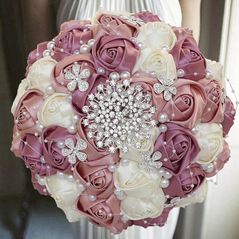 1 Pz/rple Bouquet Da Sposa Avorio Raso Rosa Fiori Artificiali Spilla Matrimonio Strass Bouquet Da Sposa Damigella D'onore-R7,30 CM
