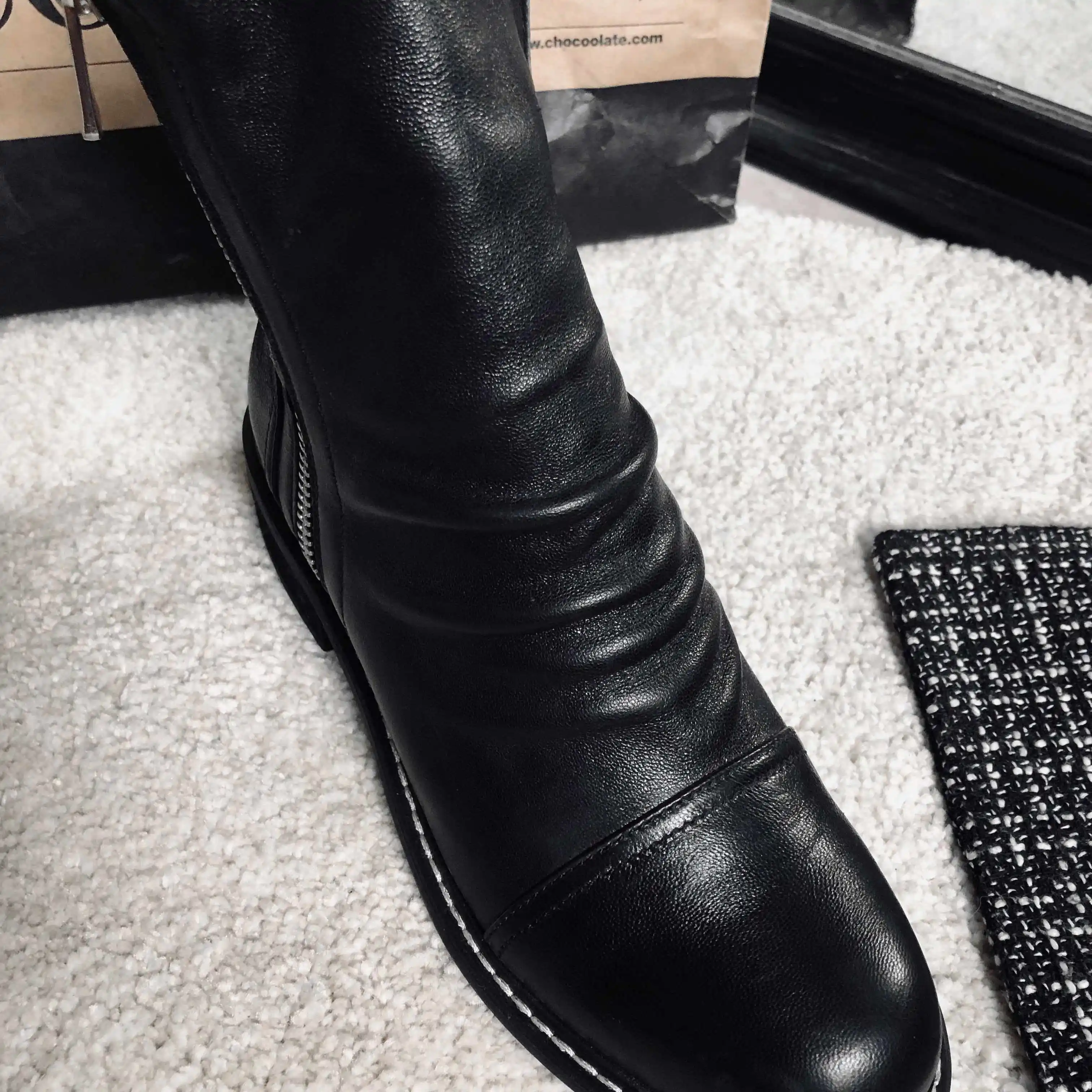 krazing pot pleated sheep leather superstar low heel western round toe zipper personalized design wear mid-calf boots l09